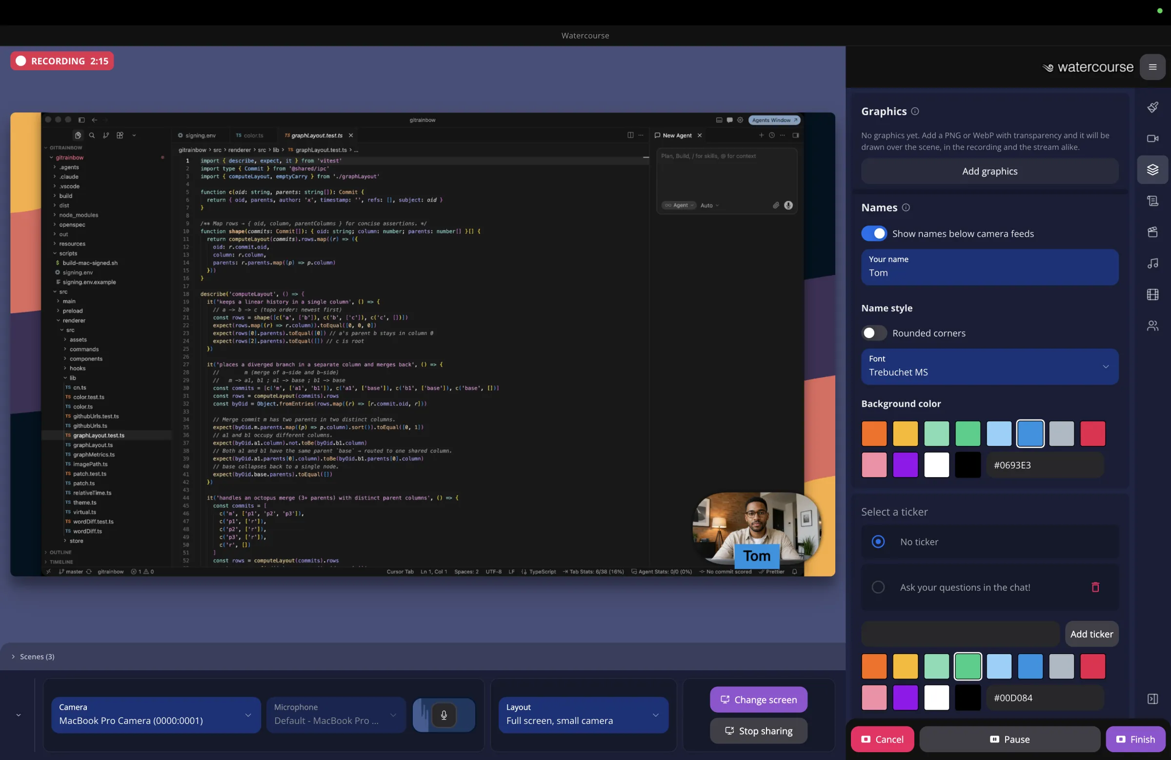 The Watercourse studio part way through a recording: a shared code editor filling the scene with a rounded corner camera and a name badge over it, a running timer, and the graphics, names and ticker controls alongside.
